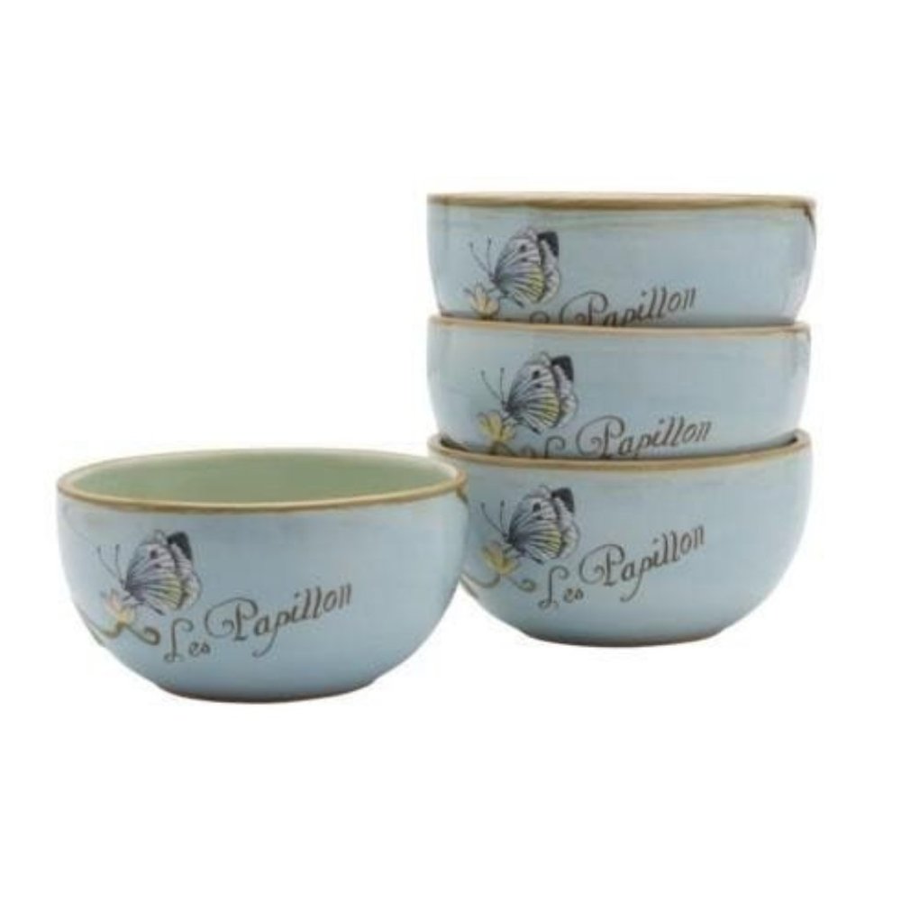 Fitz & Floyd Toulouse Set of 4 Blue Small Bowls Songbirds and Butterflies